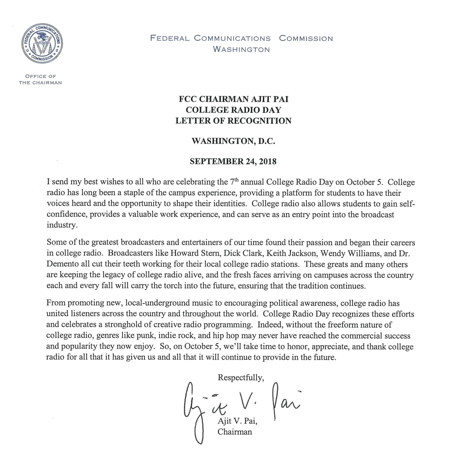 Tomorrow is CRD 2018! Letter From FCC’s Chairman Ajit Pai