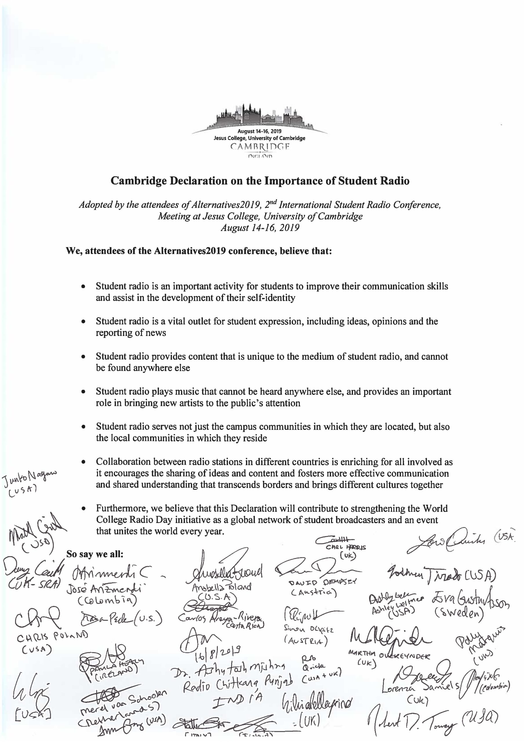 The Cambridge Declaration on the Importance of Student Radio