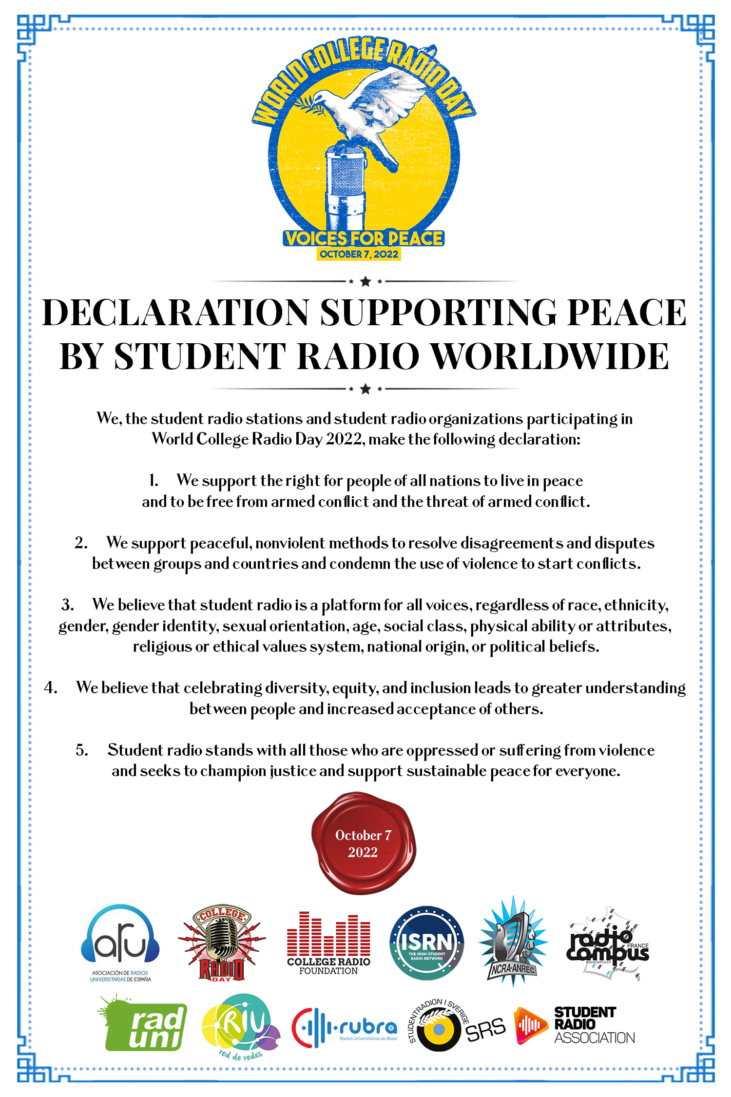 Unprecedented Declaration Supporting Peace by Student Radio Worldwide