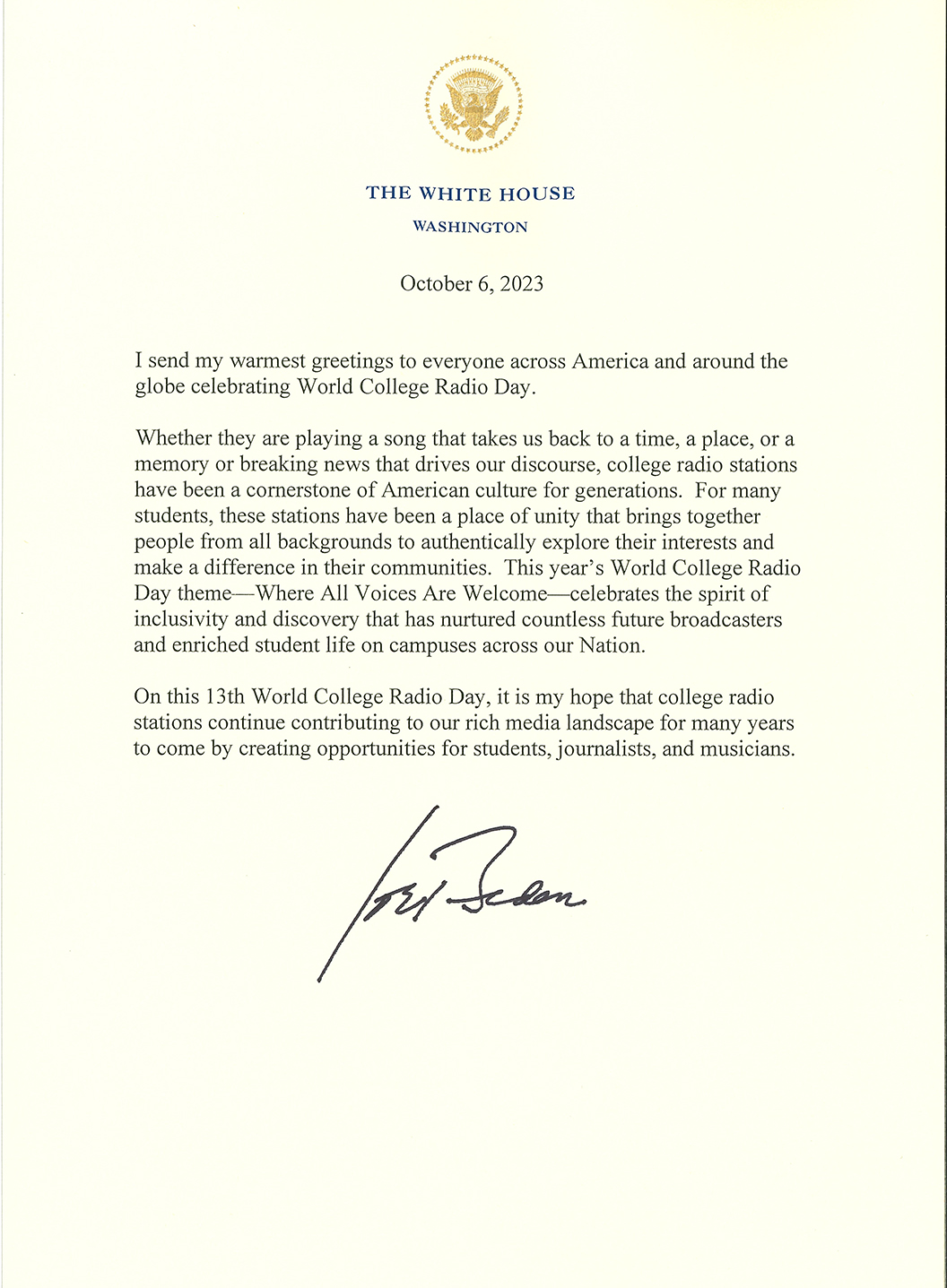 Letter from President Biden in support of WCRD 2023