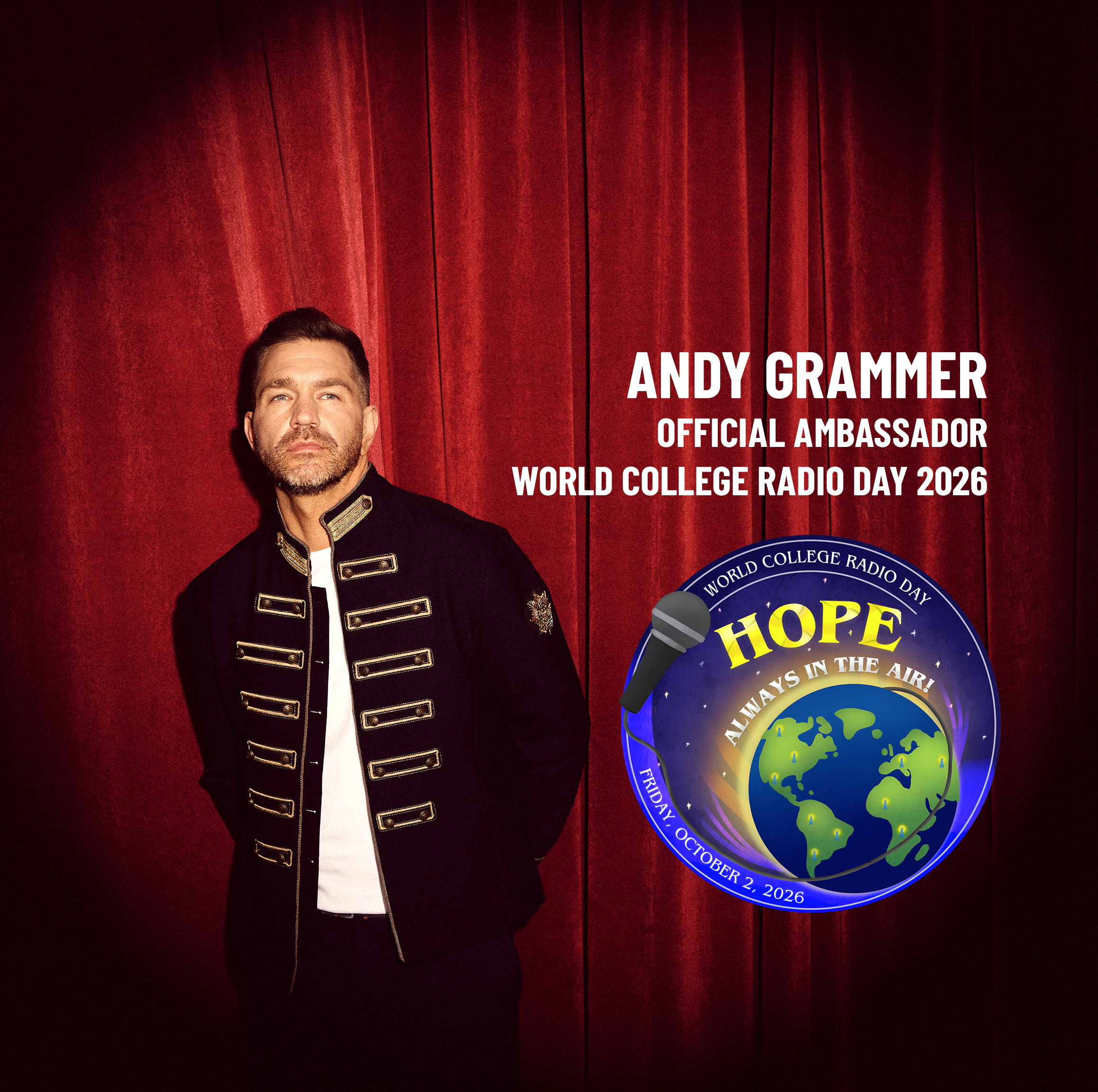 Celebrate “HOPE – Always in the Air” on World College Radio Day 2026, Coming Friday, October 2 – Andy Grammer Named as Ambassador